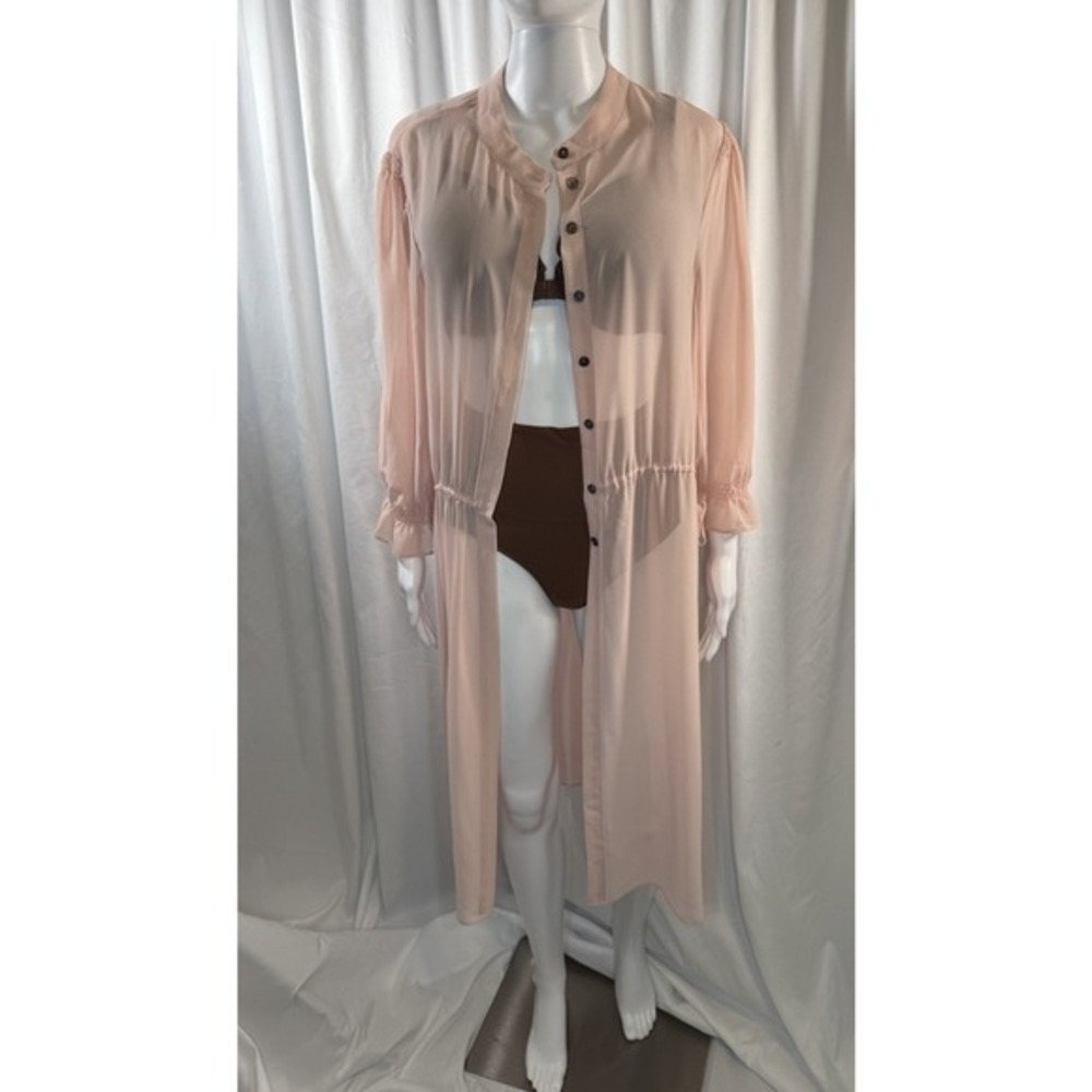 Vince Camuto Blush Pink Sheer Button Front Maxi Duster Cardigan Coverup L 83-12 - Picture 7 of 16